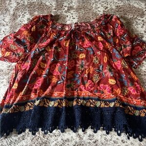 Cato Red and Orange Floral Blouse with Navy Lace